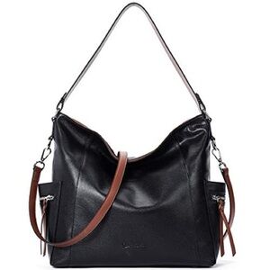 Bostanten LG Black Leather Shoulder Tote Bag Purse Zip Pockets Adjustable Strap
